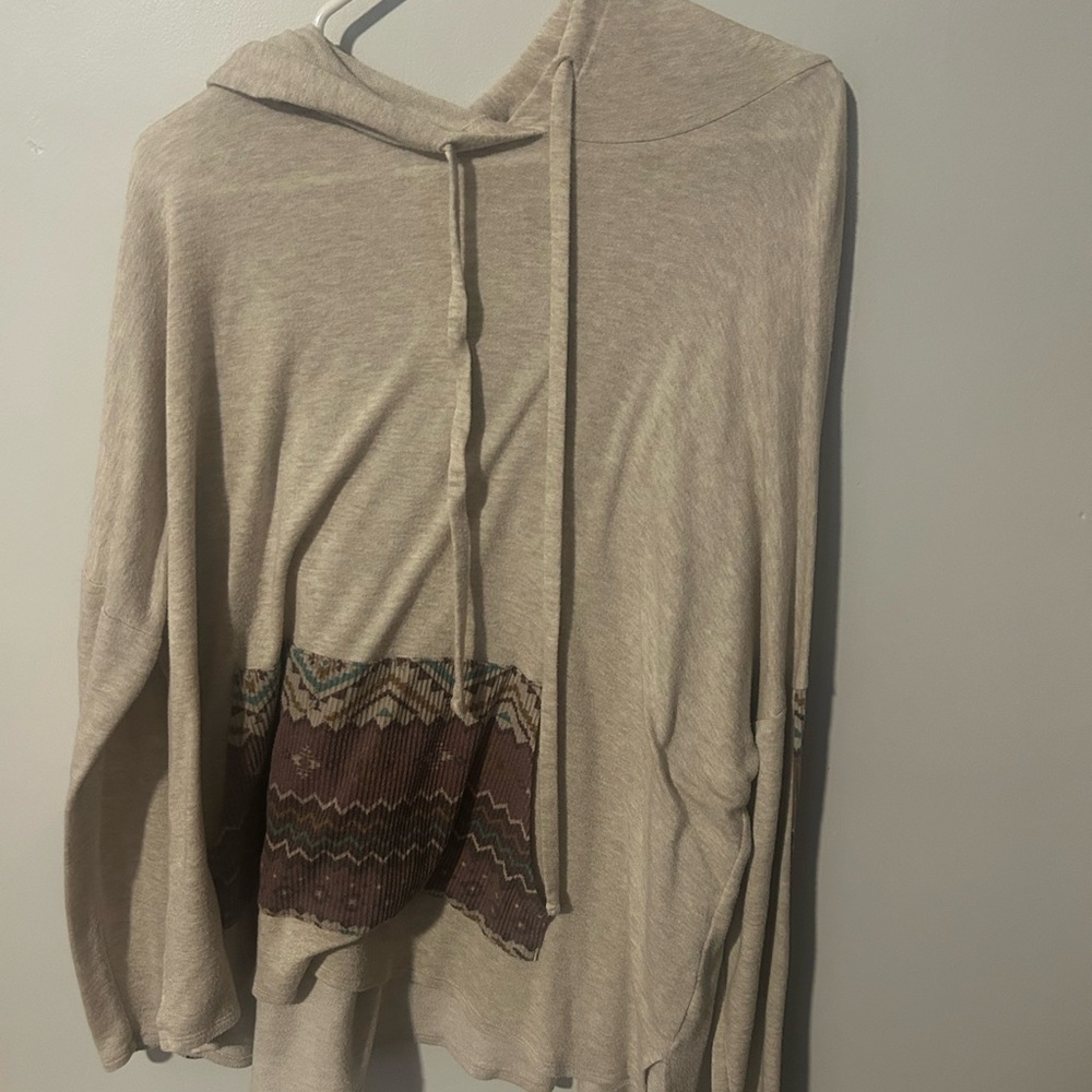 Beige Hooded Sweater with Patterned Trim